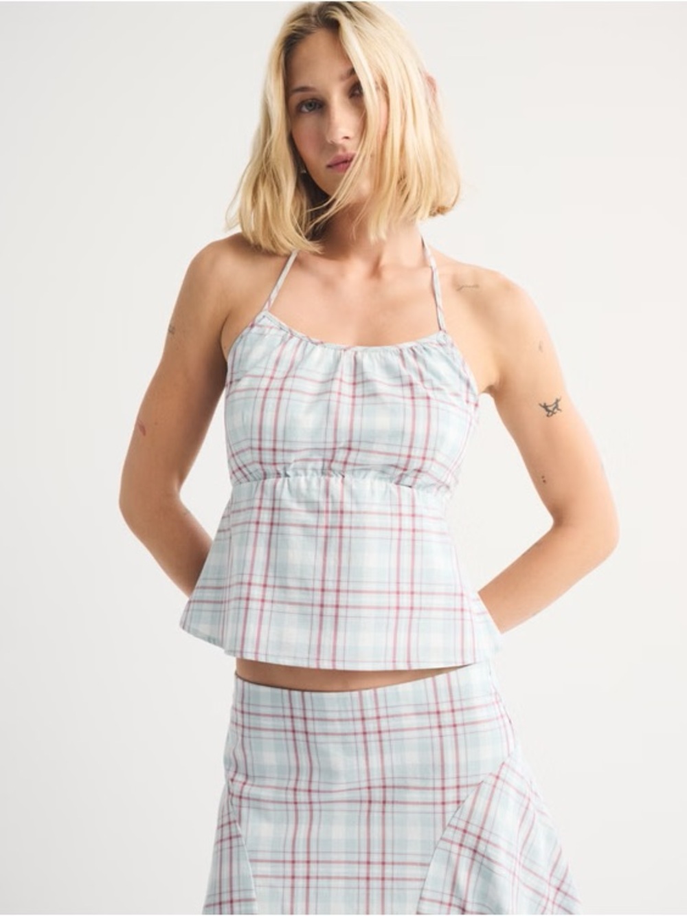 Abercrombie & Fitch Women's Bra-Free Halter Top - Light Blue Plaid